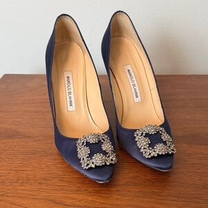 Manolo Blahnik Navy Satin Hangisi Pumps with Original Box and Dust Bag - 39